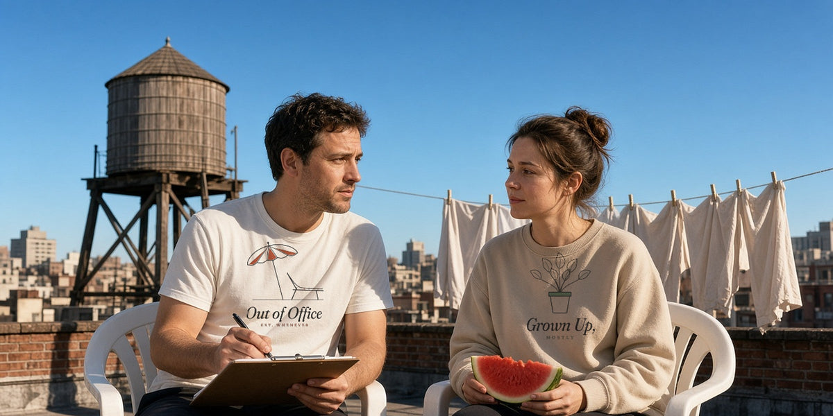 Two friends holding a very official rooftop meeting with a clipboard and a watermelon