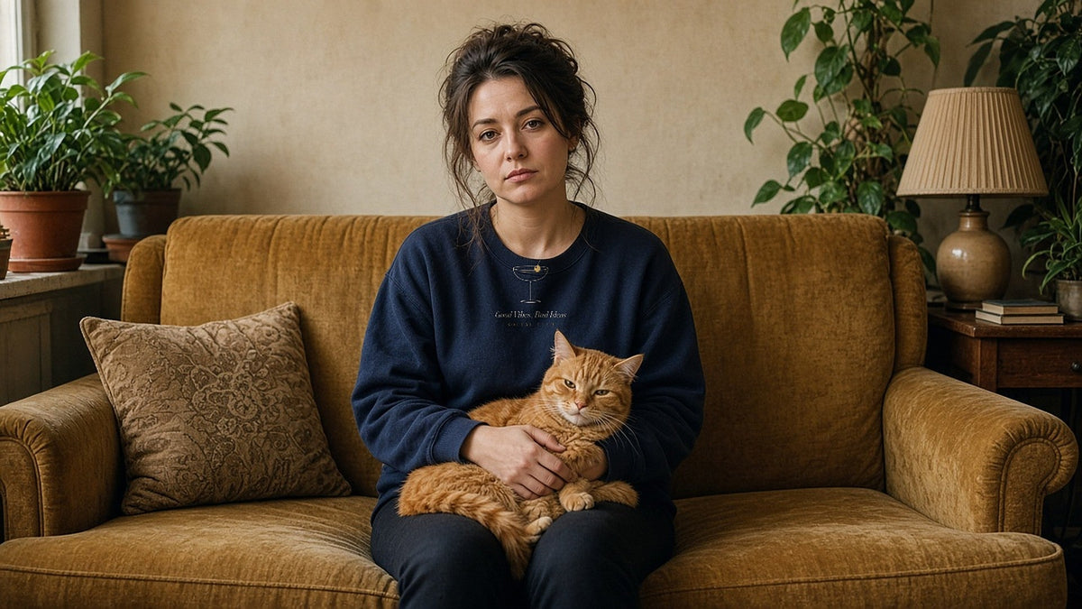 The Social Club Crewneck in Navy, on a mustard sofa with a ginger cat on her lap