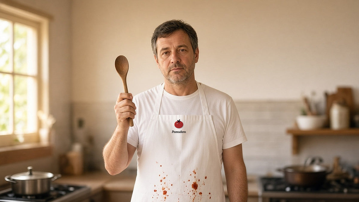 The Pomodoro Apron in White, sauce-splattered, worn by a man at the stove holding up a wooden spoon