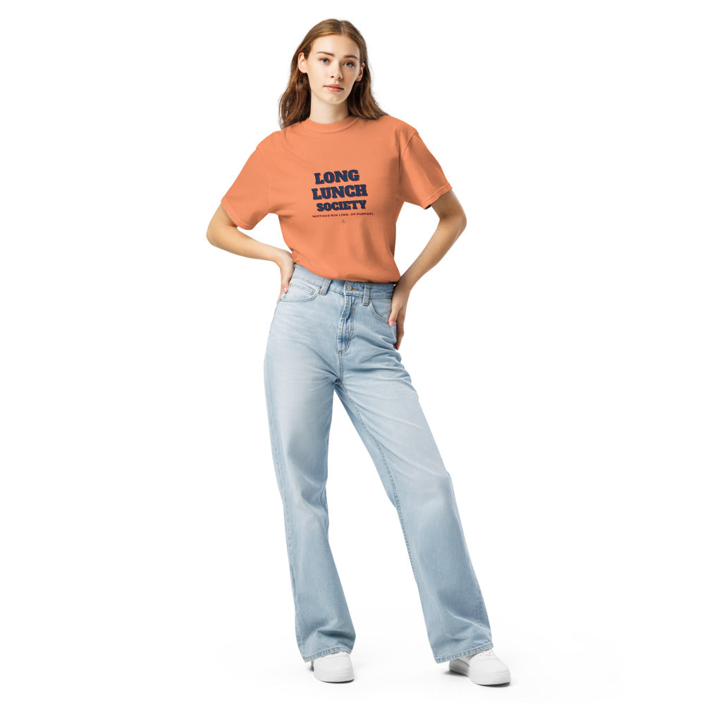 The Long Lunch Society Tee in Terracotta, worn with light jeans