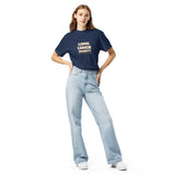 The Long Lunch Society Tee in True Navy, worn with light jeans