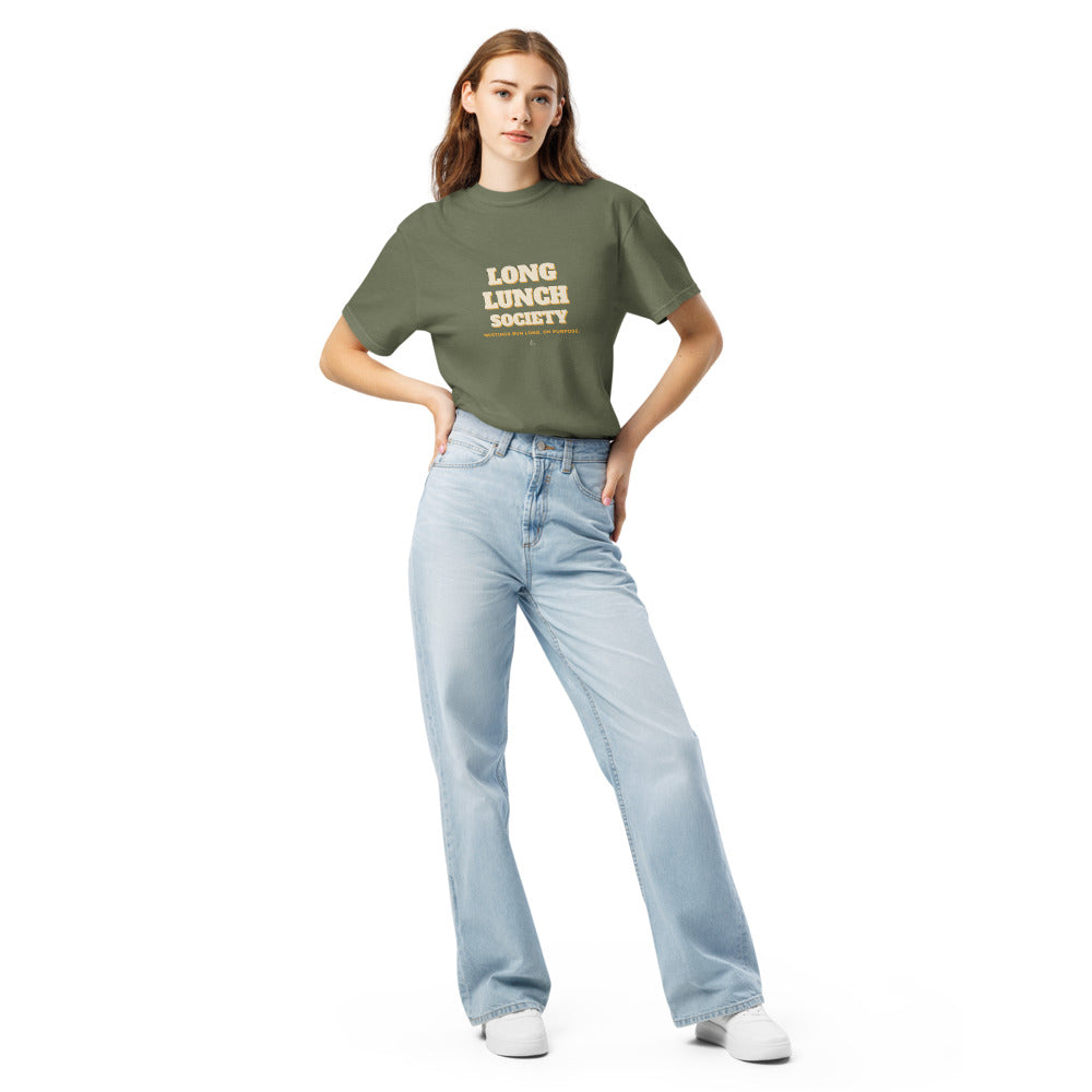 The Long Lunch Society Tee in Moss, worn with light jeans