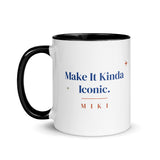 The Make It Kinda Iconic Mug with a black inside and handle: Make It Kinda Iconic. in cobalt serif, M I K I in terracotta below