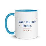 The Make It Kinda Iconic Mug with a blue inside and handle: Make It Kinda Iconic. in cobalt serif, M I K I in terracotta below