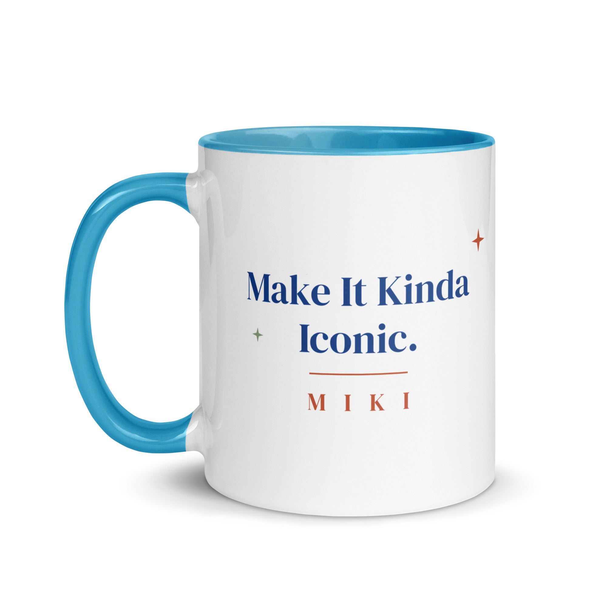 The Make It Kinda Iconic Mug with a blue inside and handle: Make It Kinda Iconic. in cobalt serif, M I K I in terracotta below