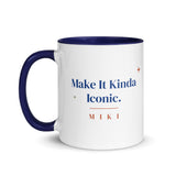 The Make It Kinda Iconic Mug with a dark blue inside and handle: Make It Kinda Iconic. in cobalt serif, M I K I in terracotta below