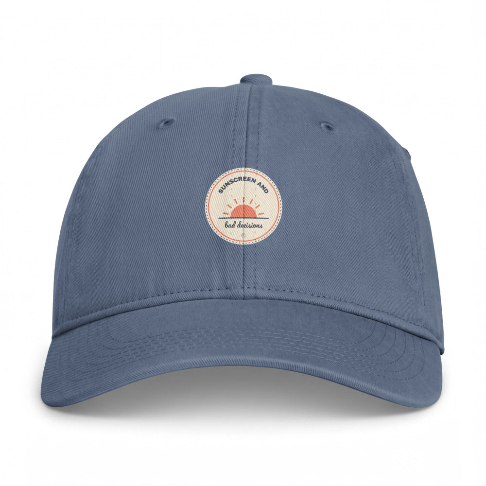 The Sunscreen and Bad Decisions Cap in Blue Jean, front