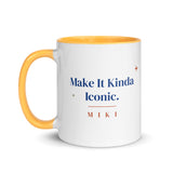 The Make It Kinda Iconic Mug with a golden yellow inside and handle: Make It Kinda Iconic. in cobalt serif, M I K I in terracotta below