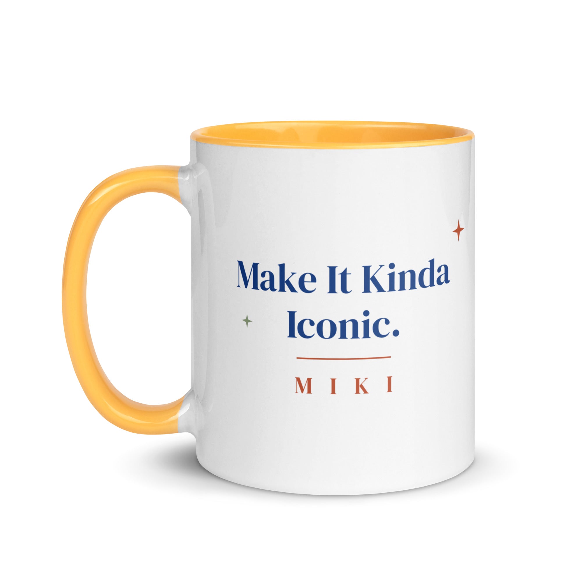 The Make It Kinda Iconic Mug with a golden yellow inside and handle: Make It Kinda Iconic. in cobalt serif, M I K I in terracotta below