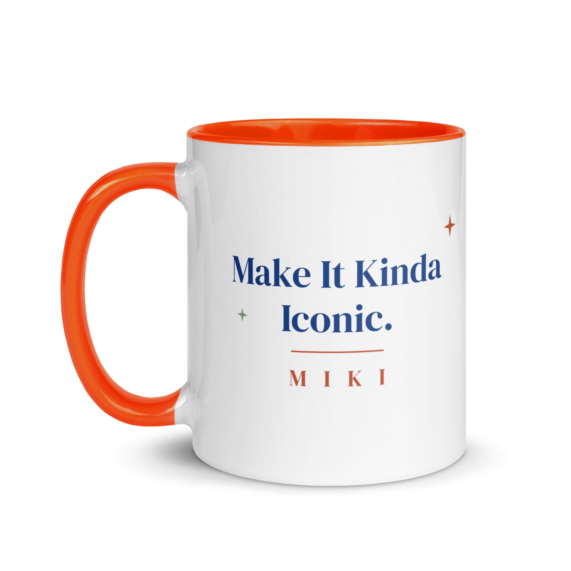 The Make It Kinda Iconic Mug with an orange inside and handle: Make It Kinda Iconic. in cobalt serif, M I K I in terracotta below