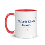 The Make It Kinda Iconic Mug with a red inside and handle: Make It Kinda Iconic. in cobalt serif, M I K I in terracotta below