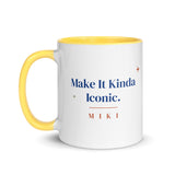 The Make It Kinda Iconic Mug with a yellow inside and handle: Make It Kinda Iconic. in cobalt serif, M I K I in terracotta below