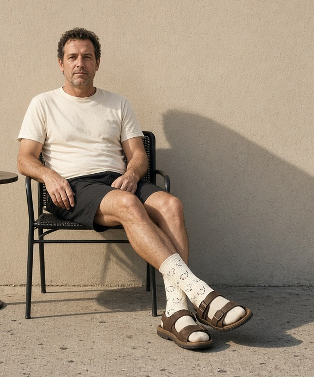 The Amalfi Socks in Cream, man relaxing on a chair against a sunny wall, socks worn with sandals