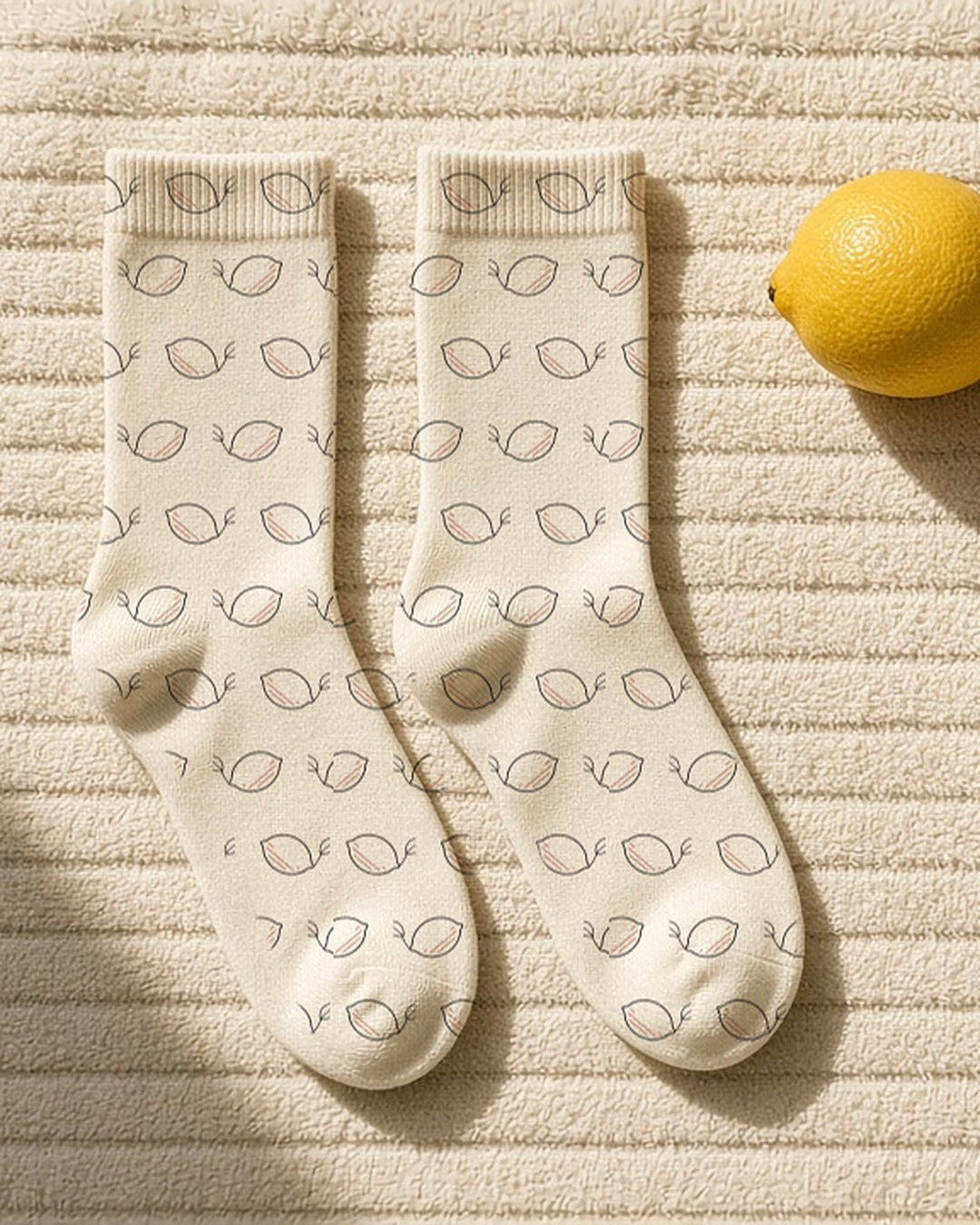 The Amalfi Socks in Cream, flat lay with a lemon, a paperback and sunglasses on a cream towel