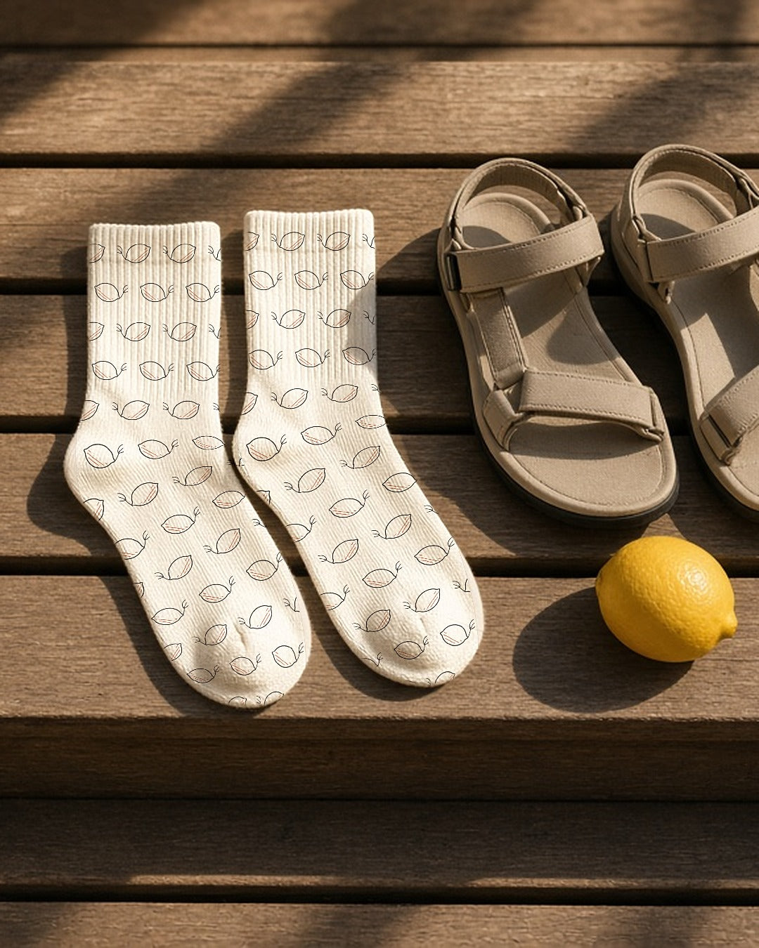The Amalfi Socks in Cream, a pair laid flat on wooden slats next to sandals and a lemon