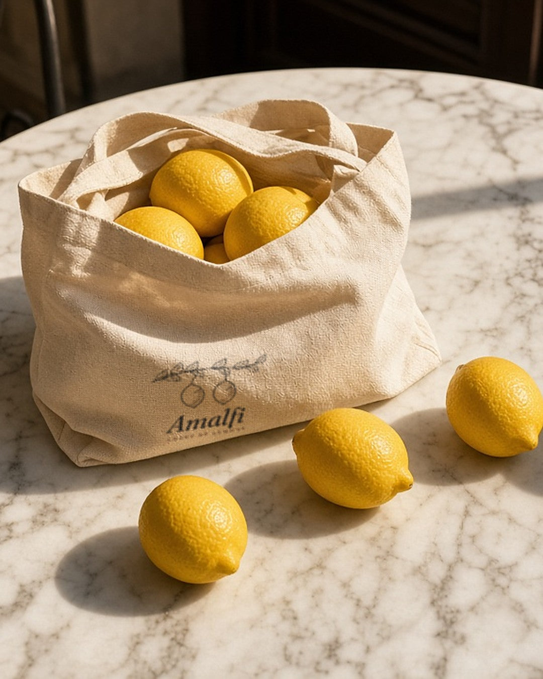 The Amalfi Tote in Oyster, tipped over on a café table with lemons rolling out beside an espresso