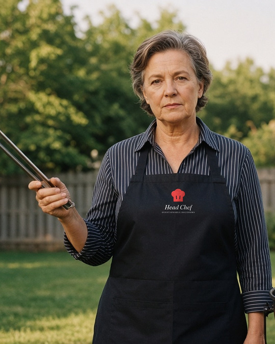 The Head Chef Apron in Black, woman (60s) in the Black apron at a backyard kettle grill holding tongs like a baton, hard sun