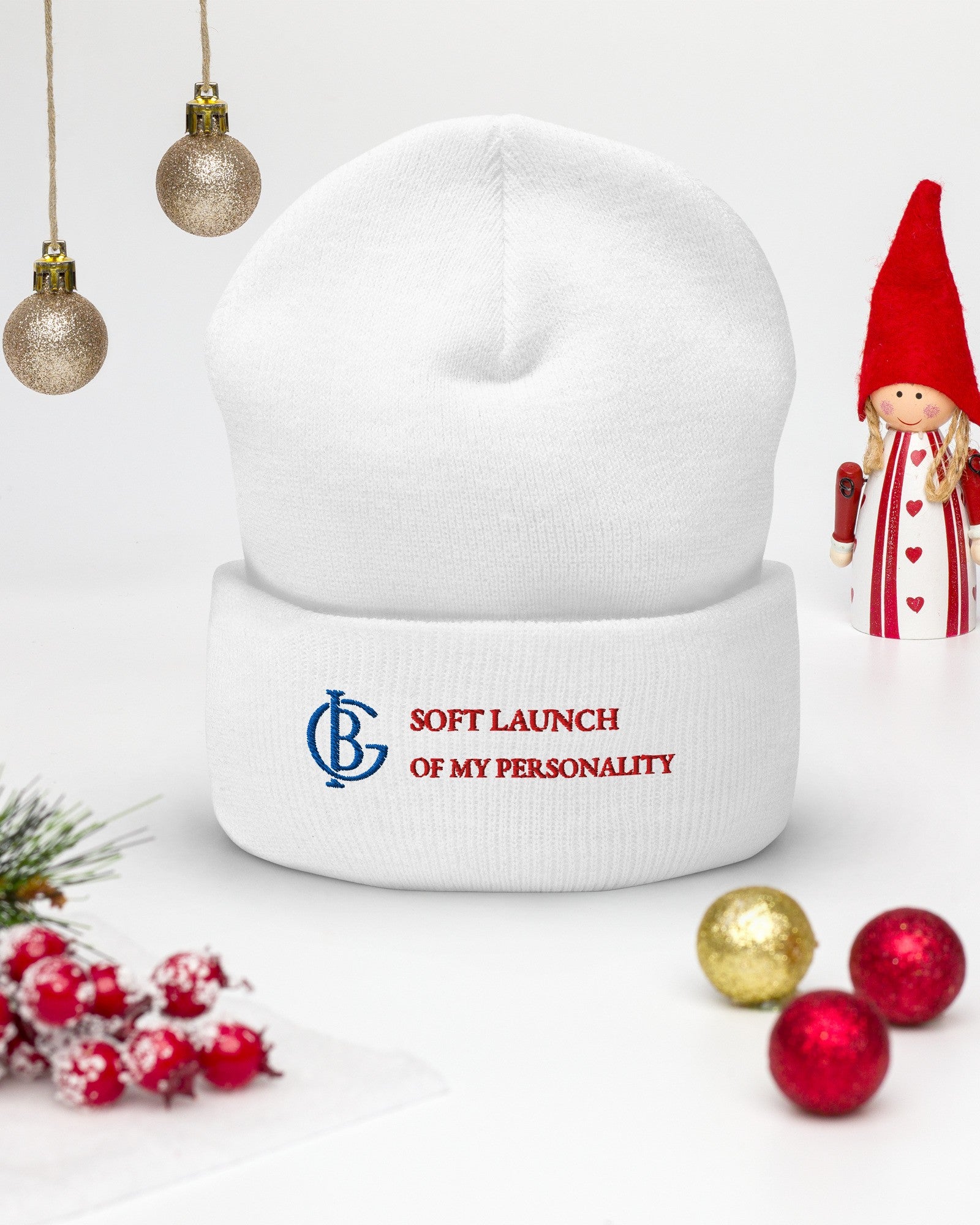 The Soft Launch Beanie in White with holiday ornaments