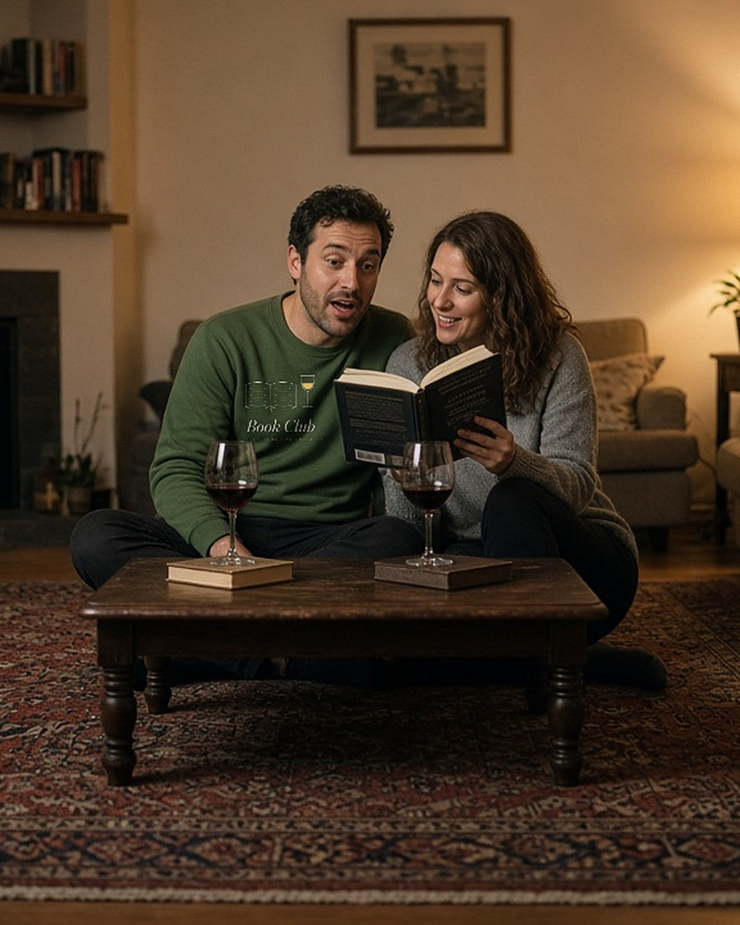 The Book Club Crewneck in Forest Green, worn on a sofa with an open book and wine on the coffee table