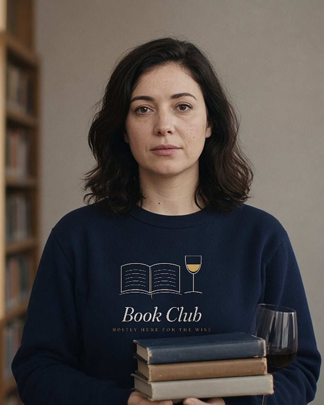 The Book Club Crewneck in Navy, worn in a library aisle with a stack of books and a glass of wine