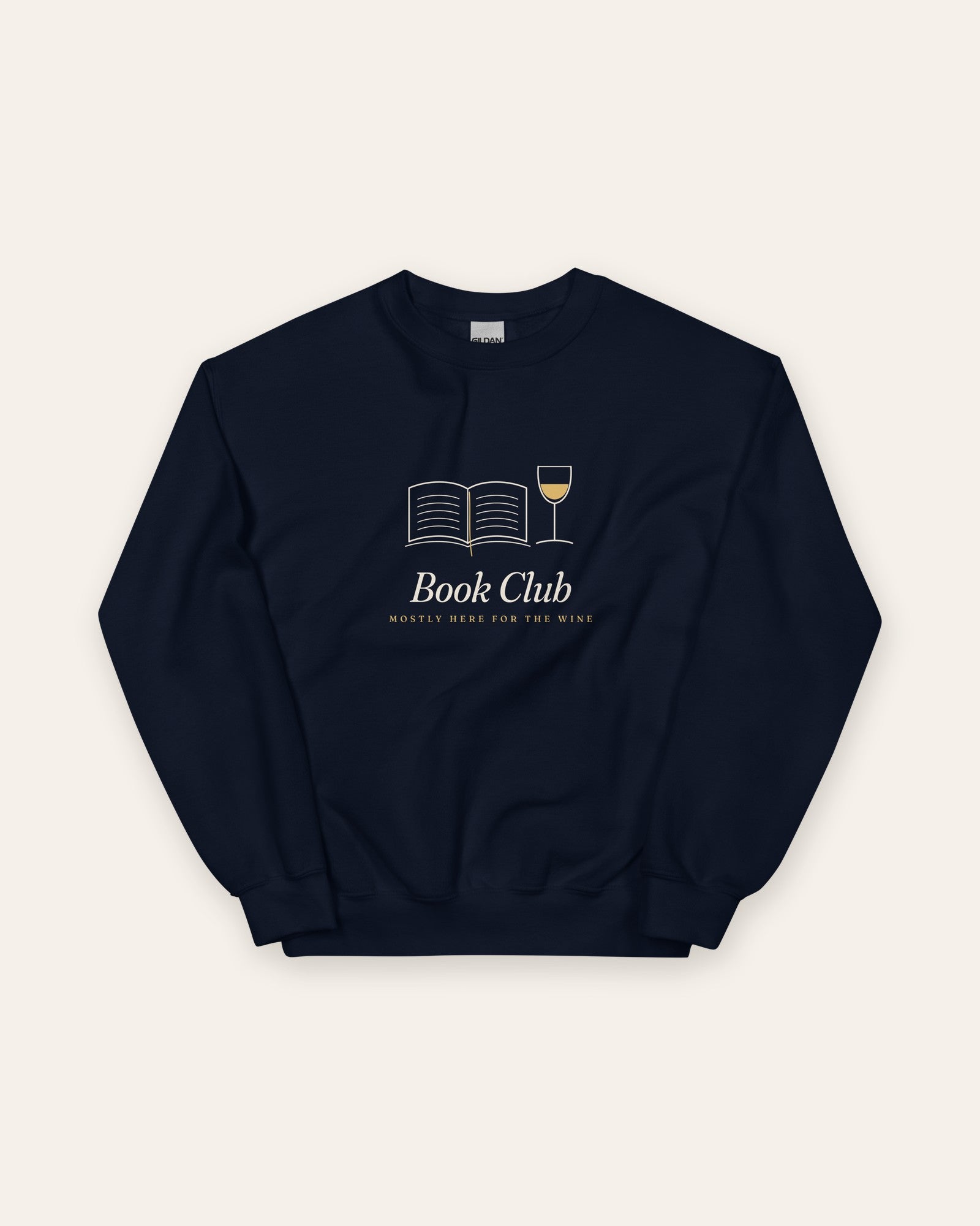 The Book Club Crewneck in Navy, flat lay front, product shot on cream