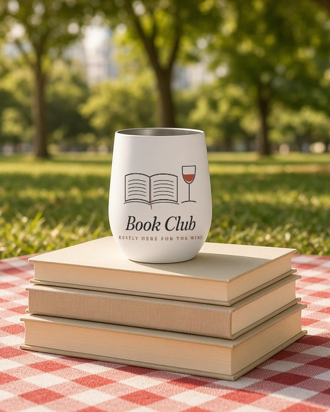 The Book Club Wine Tumbler on a stack of paperbacks on a gingham picnic blanket