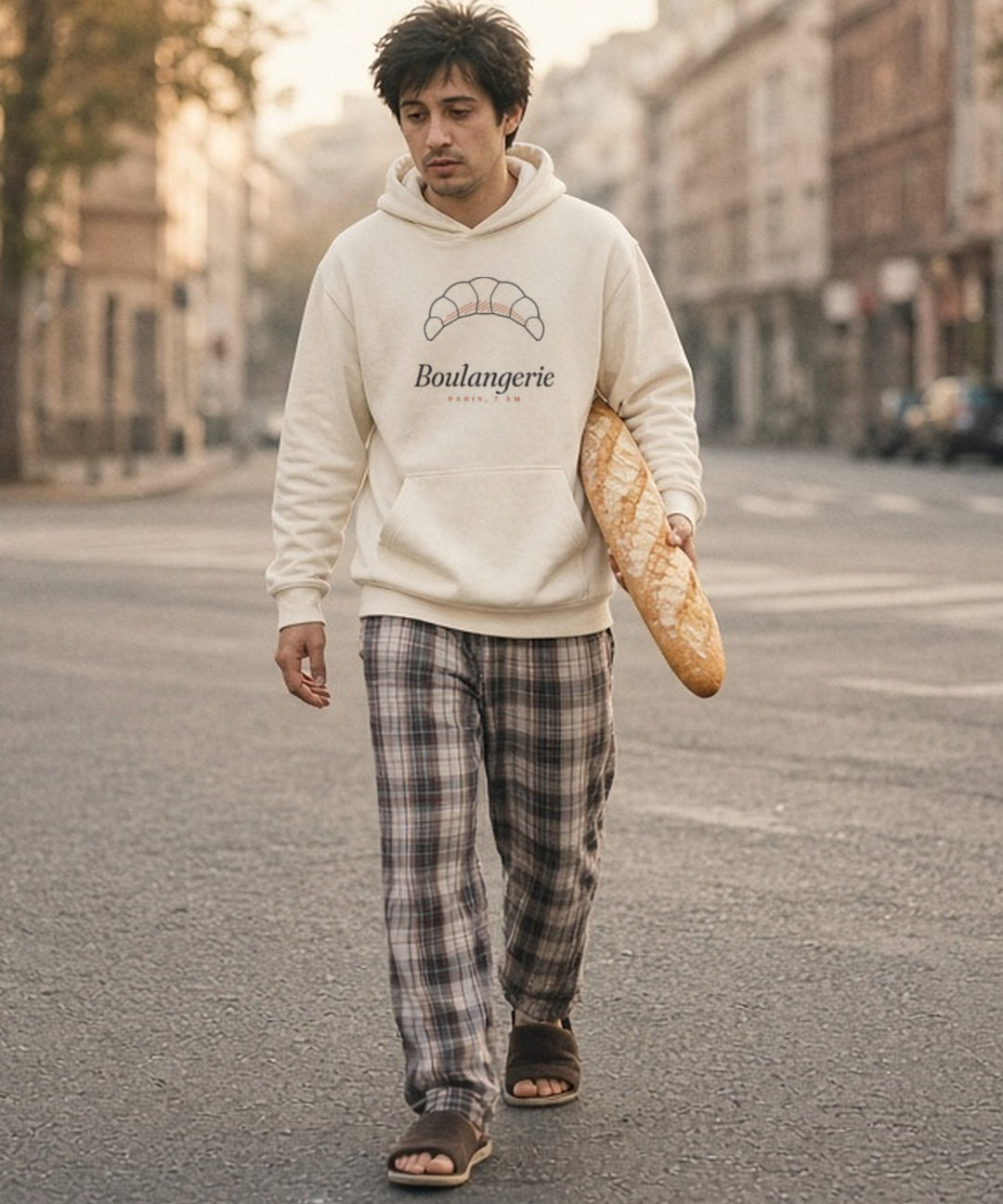 The Boulangerie Hoodie in Bone, a man (late 20s) in the hood up, pajama pants, slippers, carrying a long baguette under one arm across an empty street