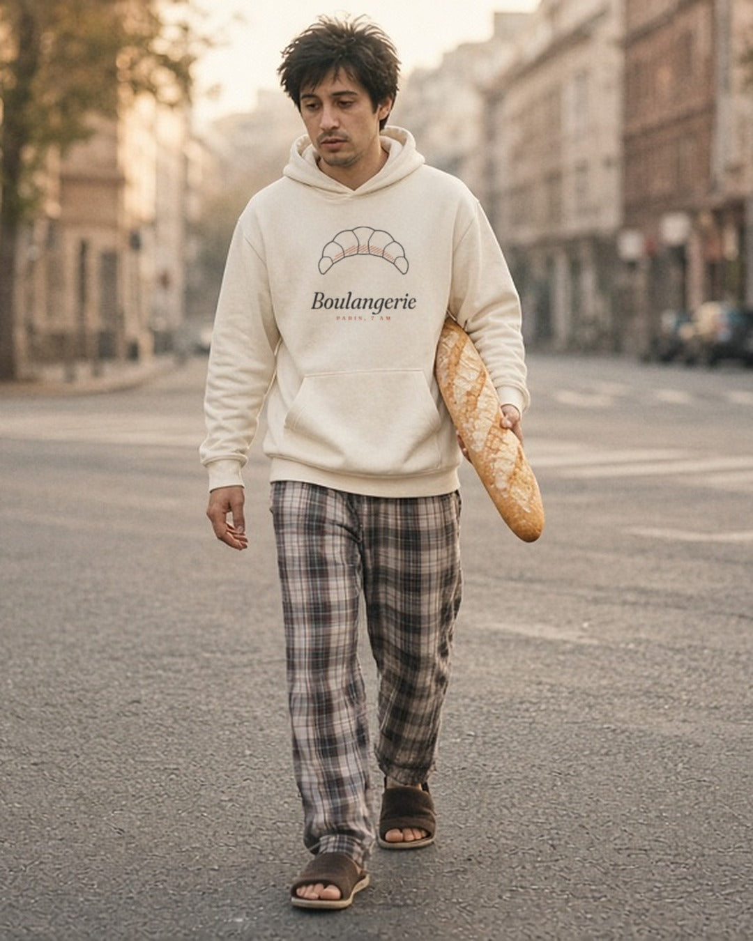 The Boulangerie Hoodie in Bone, a man (late 20s) in the hood up, pajama pants, slippers, carrying a long baguette under one arm across an empty street