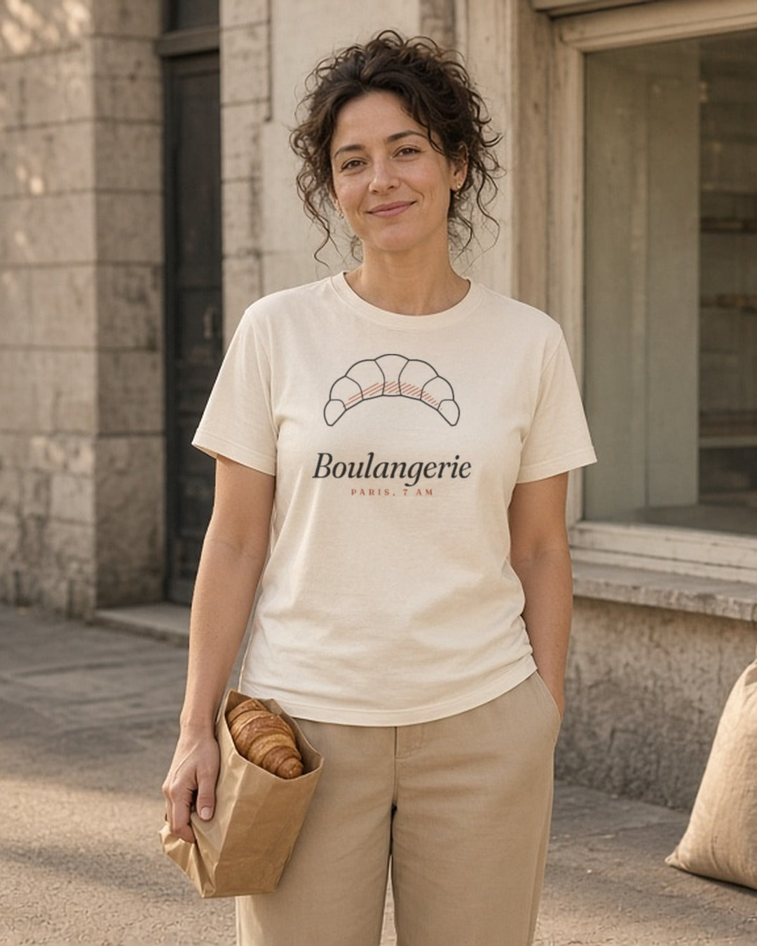 The Boulangerie Tee in Ivory, 7 AM Sharp (7:48): a woman (30s) in the Ivory tee stands outside a small bakery with an empty display window, holding the last croissant in a paper bag like a trophy