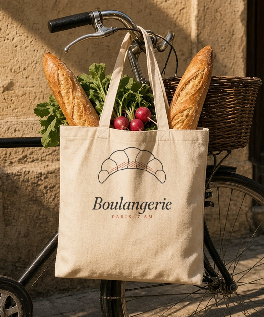 The Boulangerie Tote in Oyster, two baguettes and a bunch of radishes sticking out of the tote, on a bike rack outside a bakery