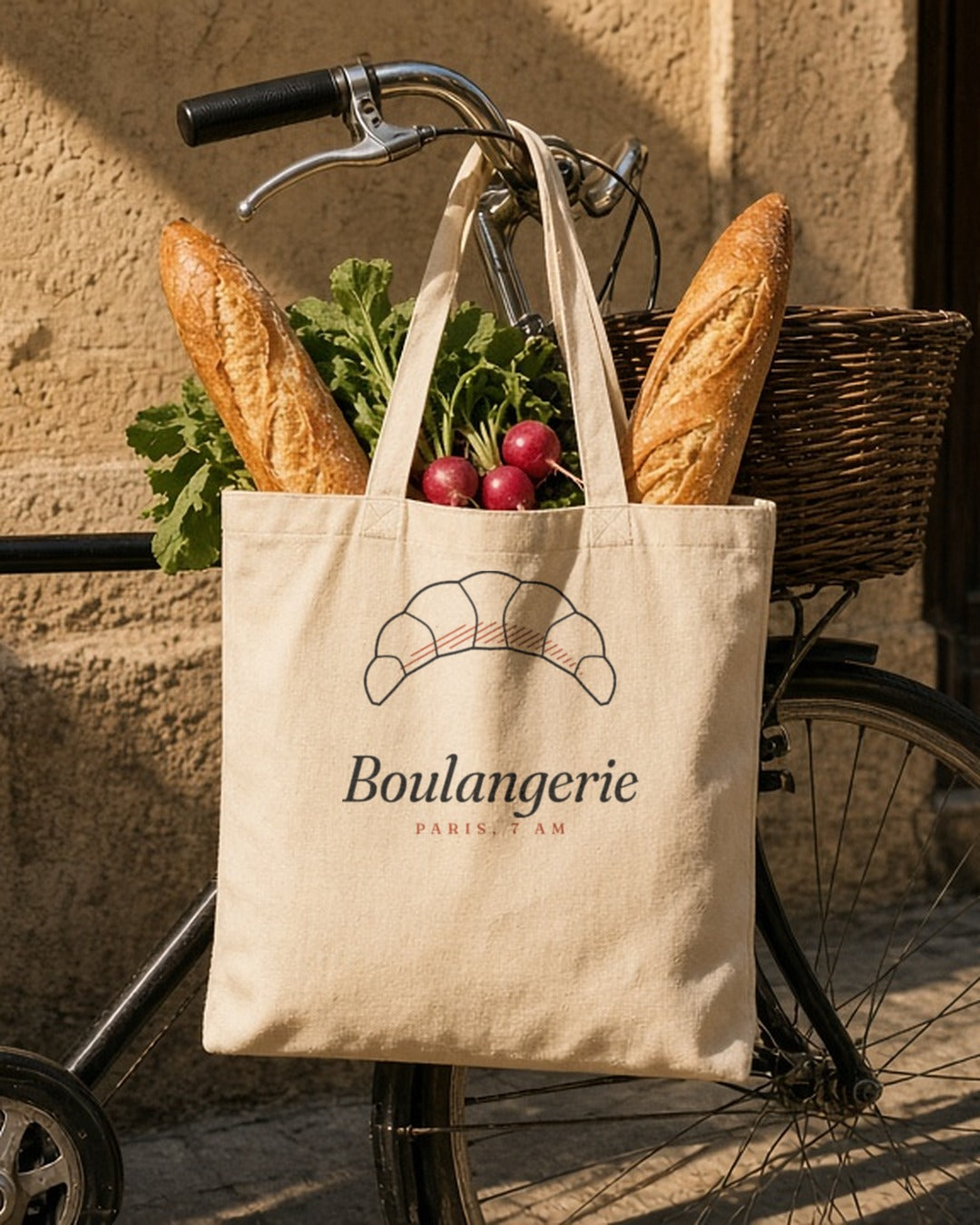The Boulangerie Tote in Oyster, two baguettes and a bunch of radishes sticking out of the tote, on a bike rack outside a bakery