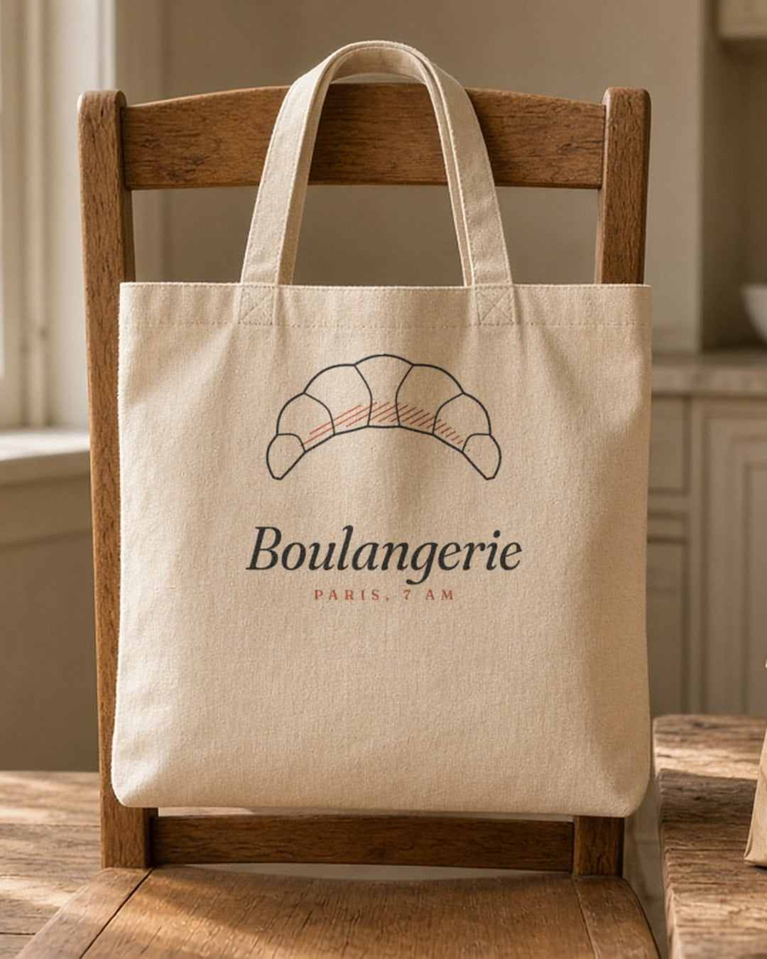 The Boulangerie Tote in Oyster, the tote hung on a chair in a sunny kitchen, a paper bag of pastries beside it