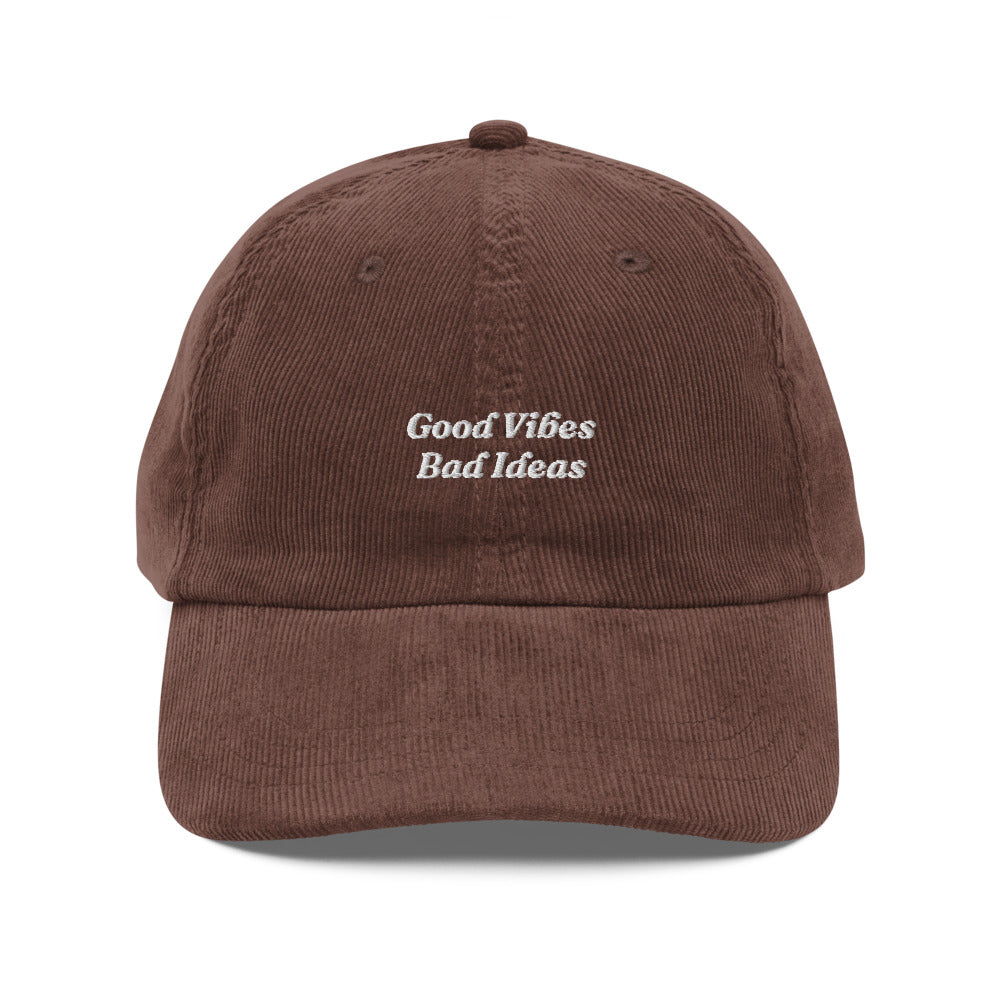 The Good Vibes Bad Ideas Corduroy Cap in Brown, front