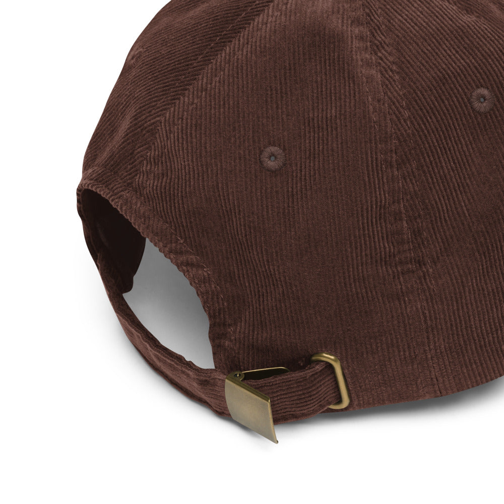 The Good Vibes Bad Ideas Corduroy Cap in Brown, embroidery detail