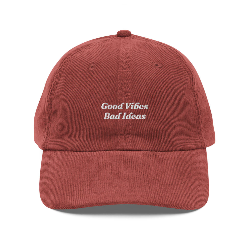 The Good Vibes Bad Ideas Corduroy Cap in Burgundy, front