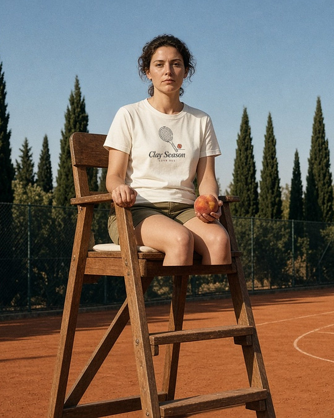 The Clay Season Tee in Ivory, worn by a woman eating a peach on an umpire chair at a clay court