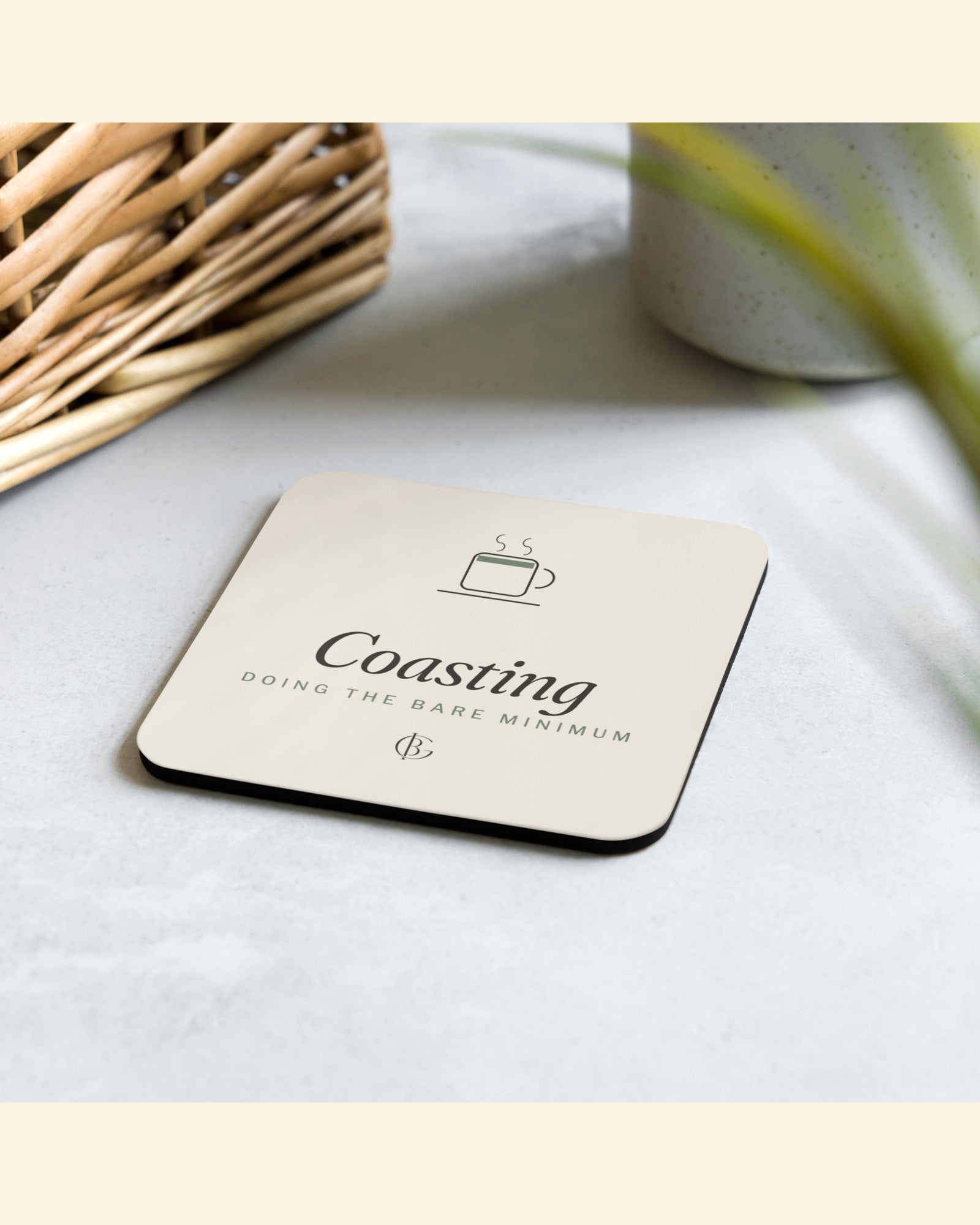 The Coasting Cork Coaster, styled lifestyle shot
