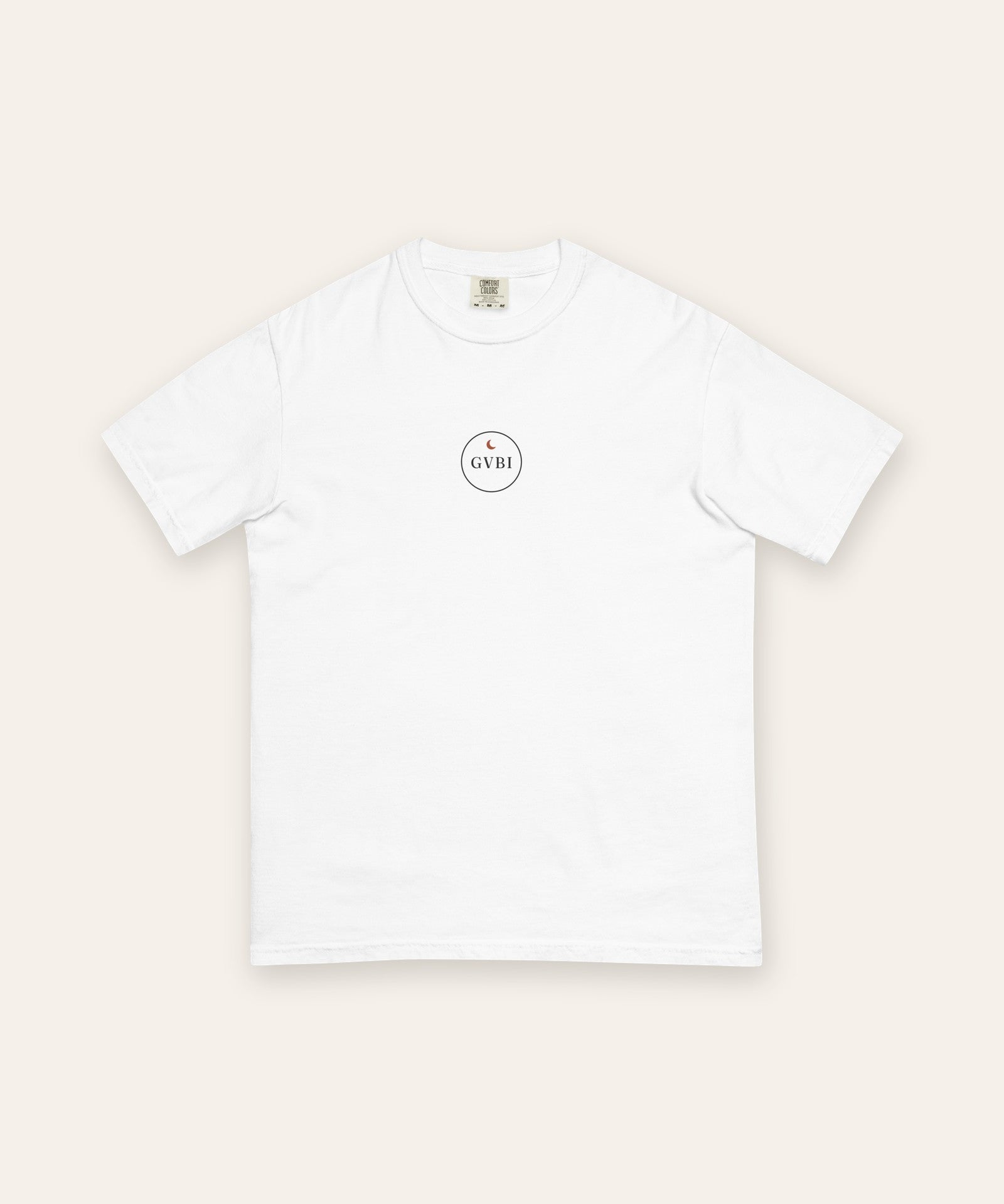 The House Crest Tee in White, flat lay front, product shot on cream