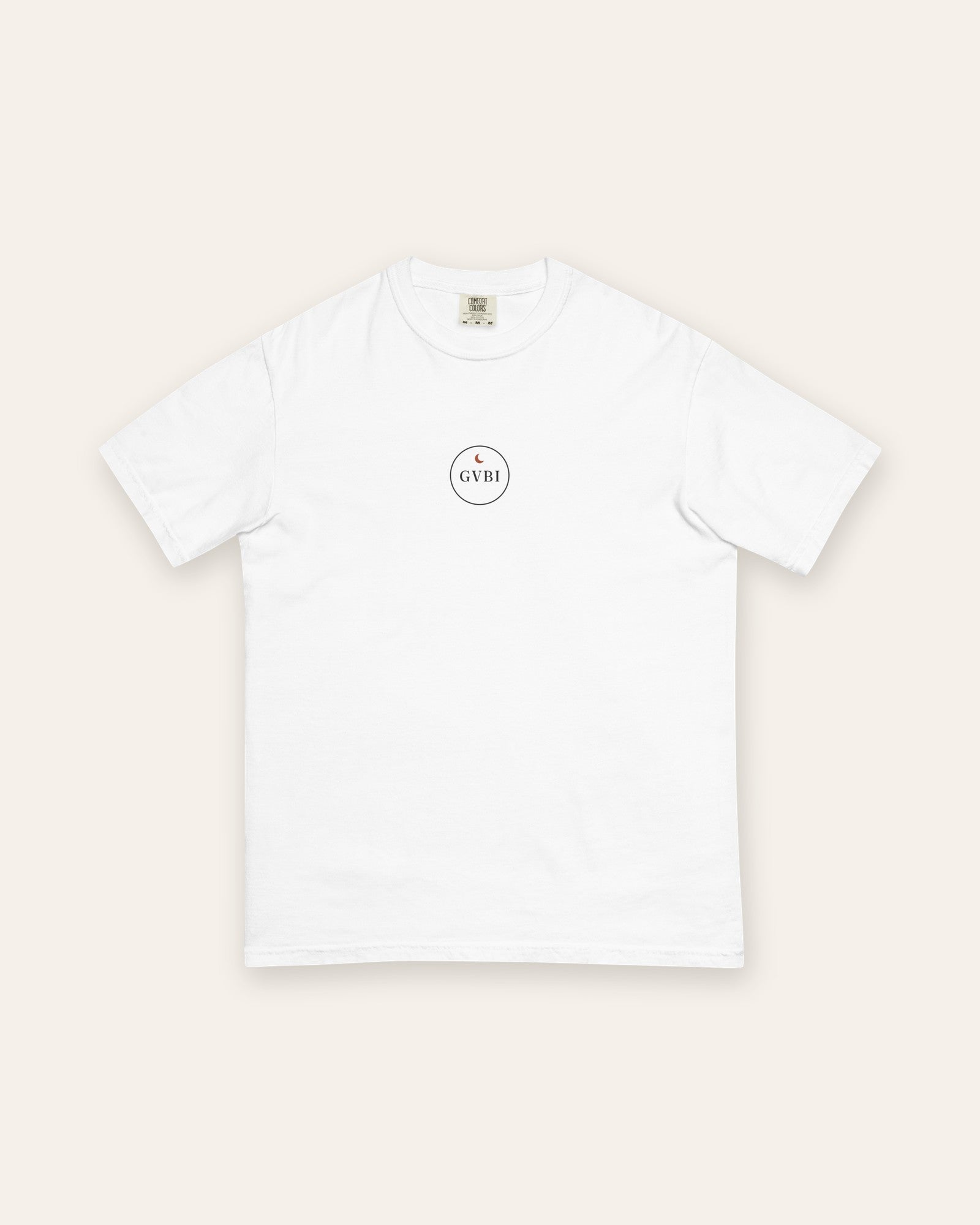 The House Crest Tee in White, flat lay front, product shot on cream