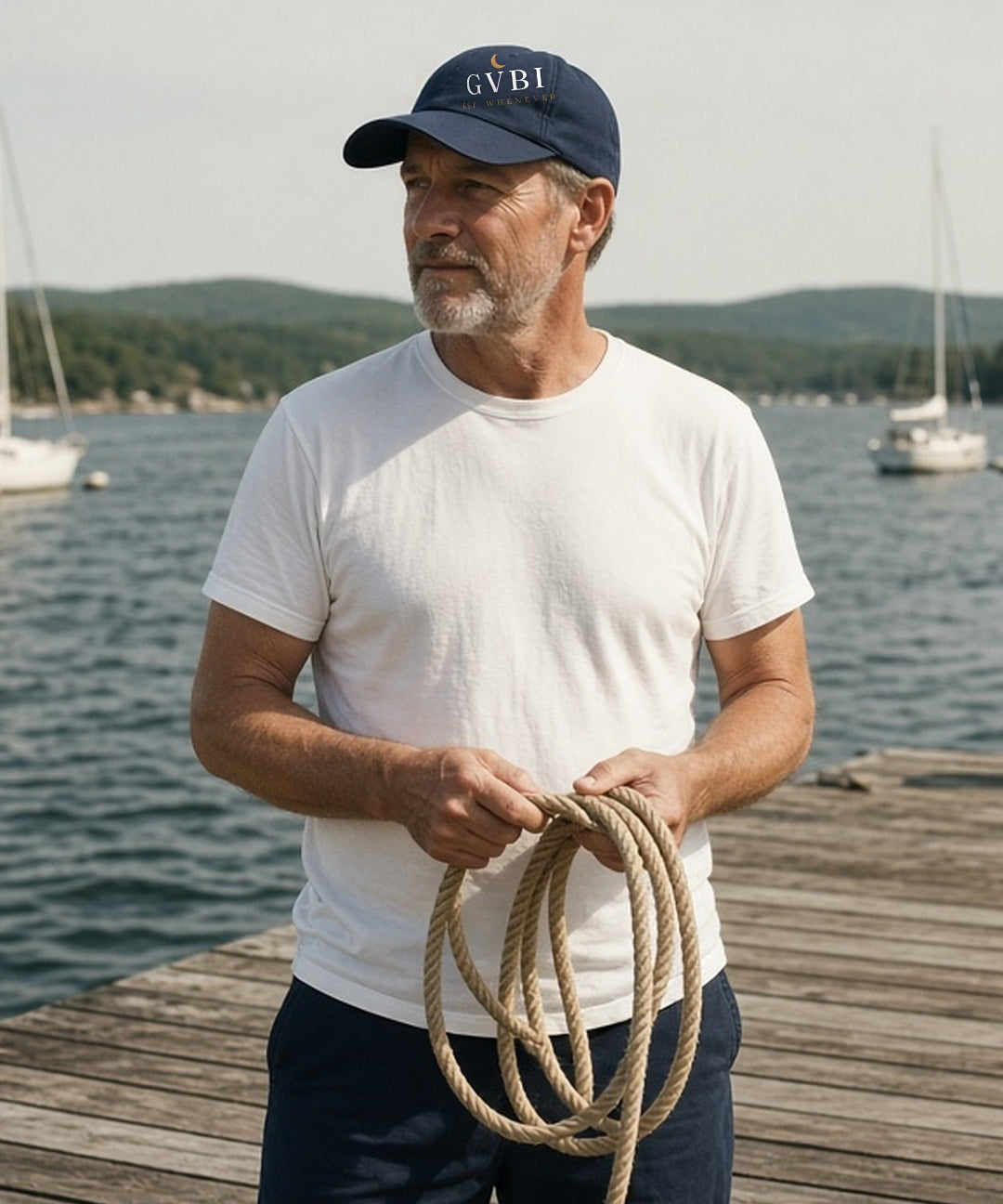 The House Dad Hat in Navy, man (50s) on a wooden dock in the Navy cap, coiling a rope, sailboats behind, hard sun