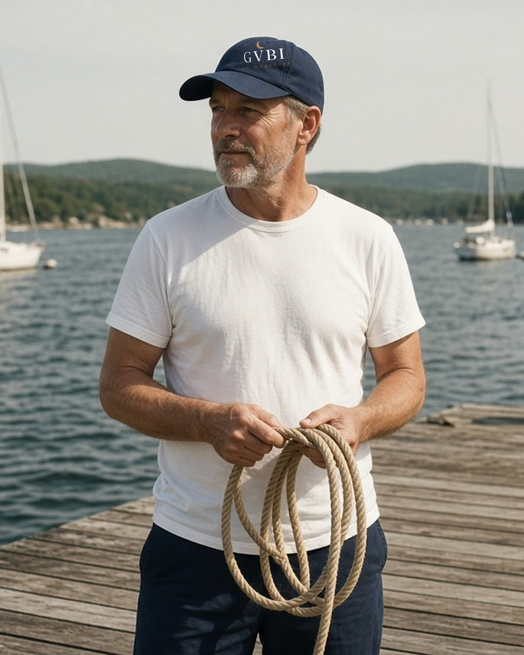 The House Dad Hat in Navy, man (50s) on a wooden dock in the Navy cap, coiling a rope, sailboats behind, hard sun