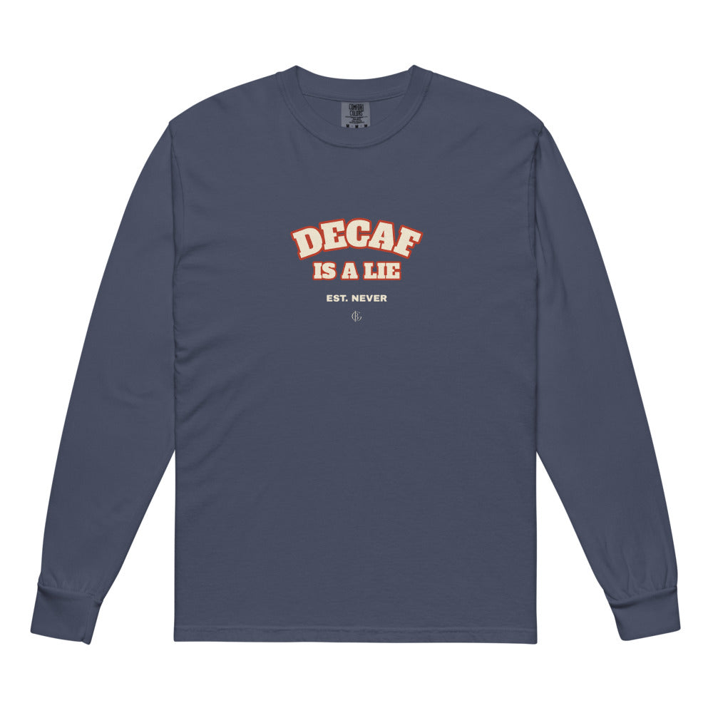 The Decaf Is a Lie Long Sleeve in Navy, flat front