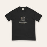 The Early Night Tee in Black, flat lay front, product shot on cream