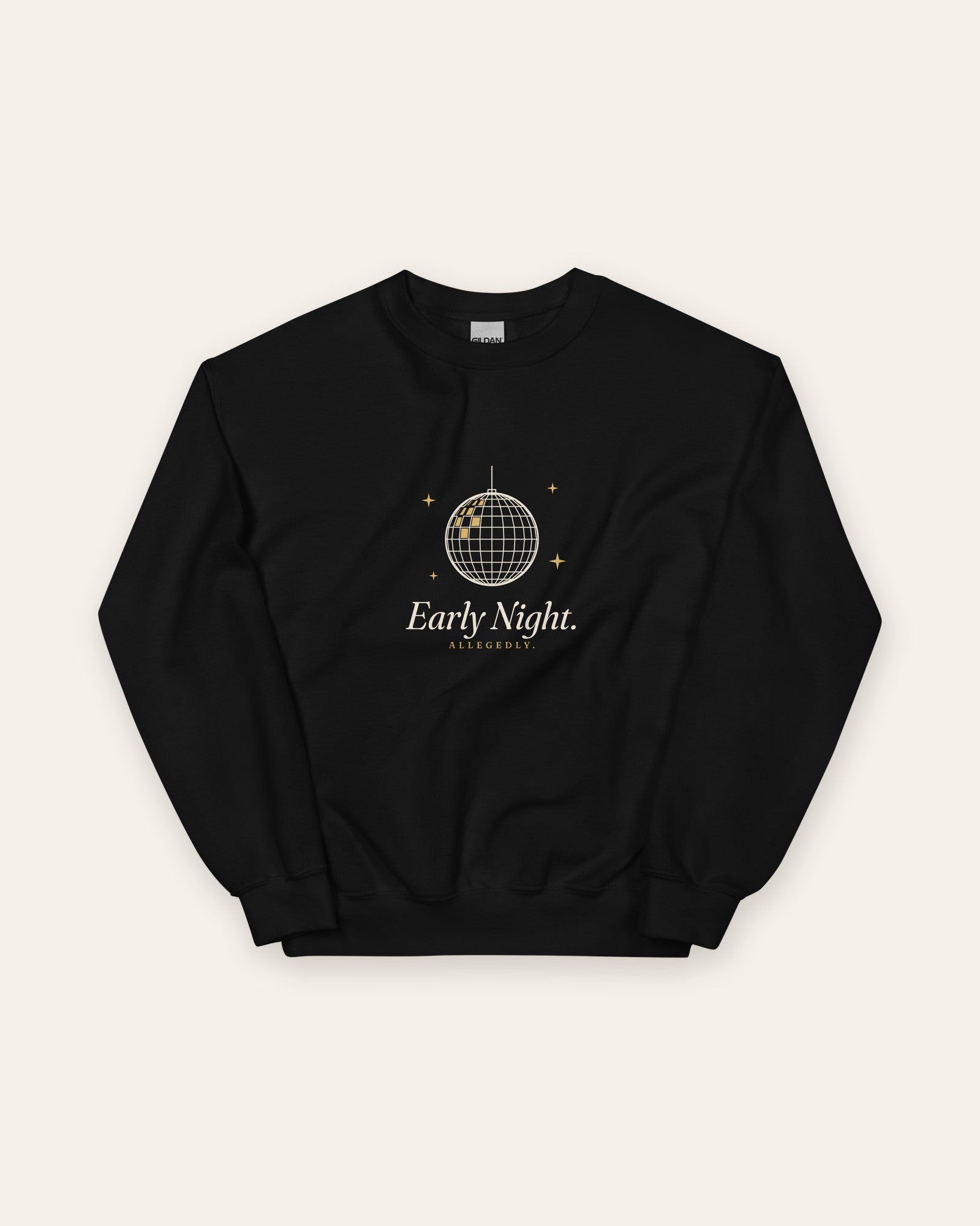 The Early Night Crewneck in Black, flat lay front, product shot on cream