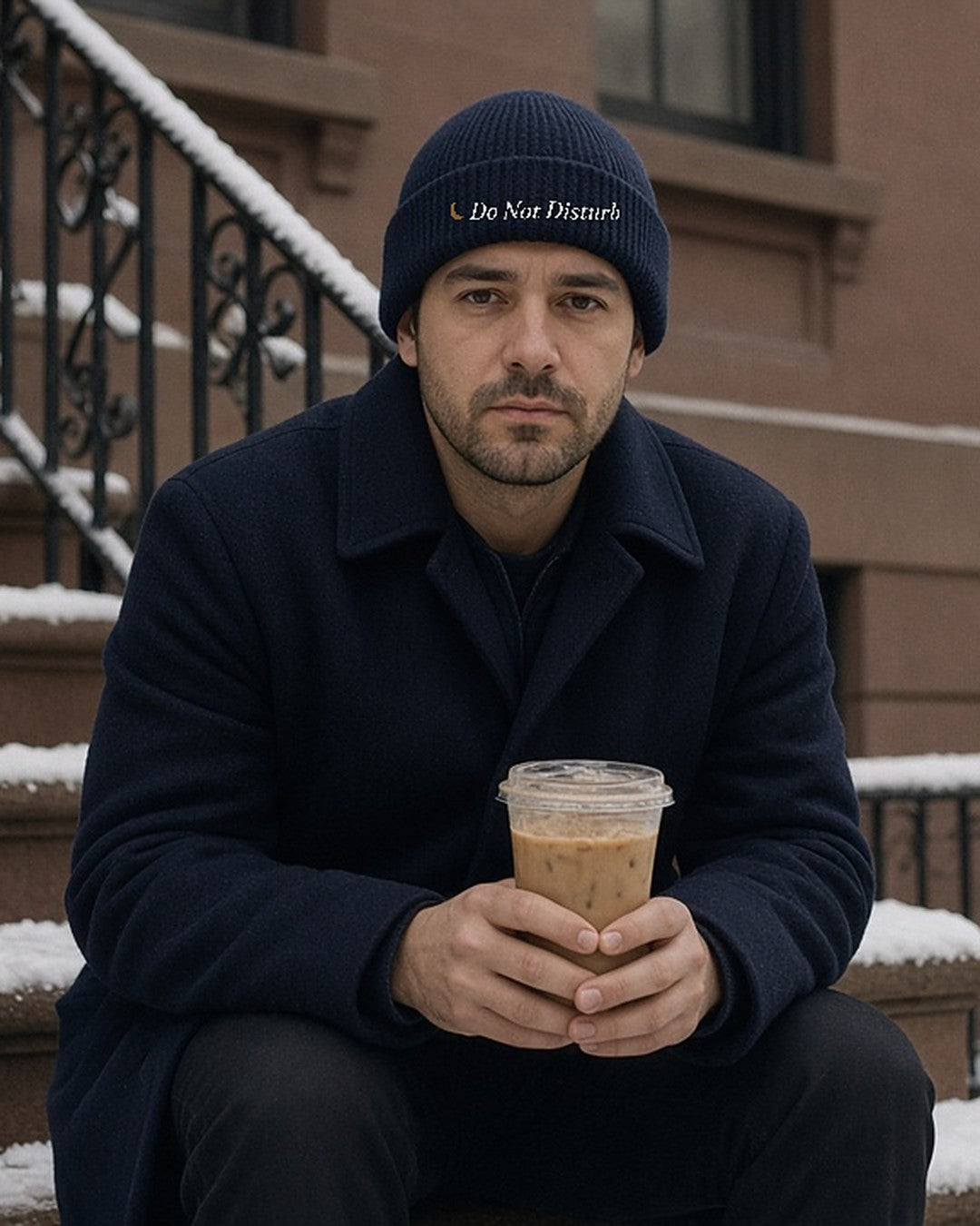 The Do Not Disturb Beanie in Navy, worn on a snowy stoop with an iced coffee