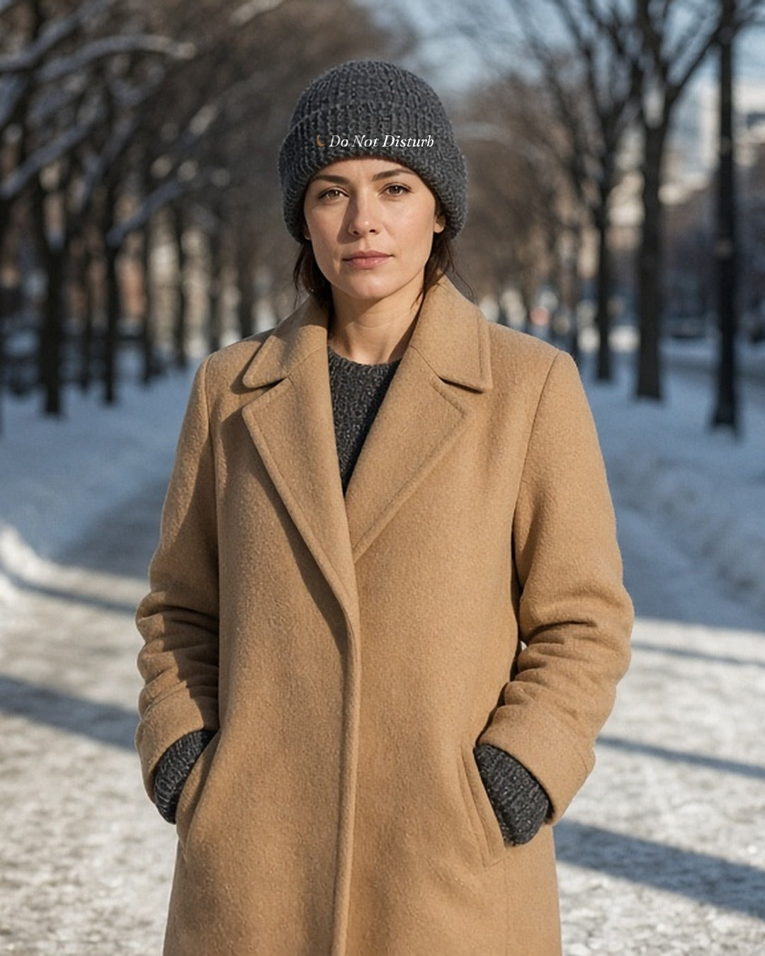 The Do Not Disturb Beanie in Dark Grey, woman in a camel coat on a snowy tree-lined path