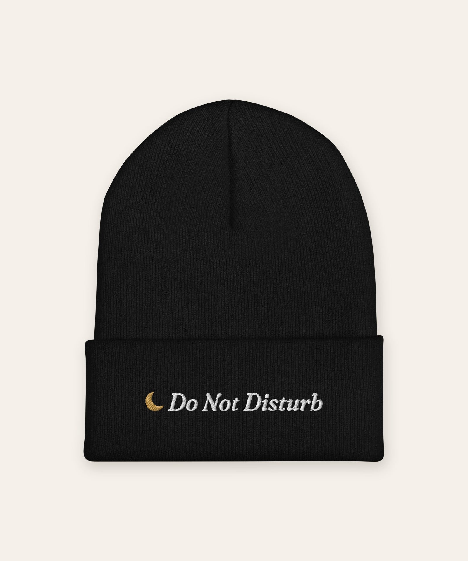 The Do Not Disturb Beanie in Black, close-up detail