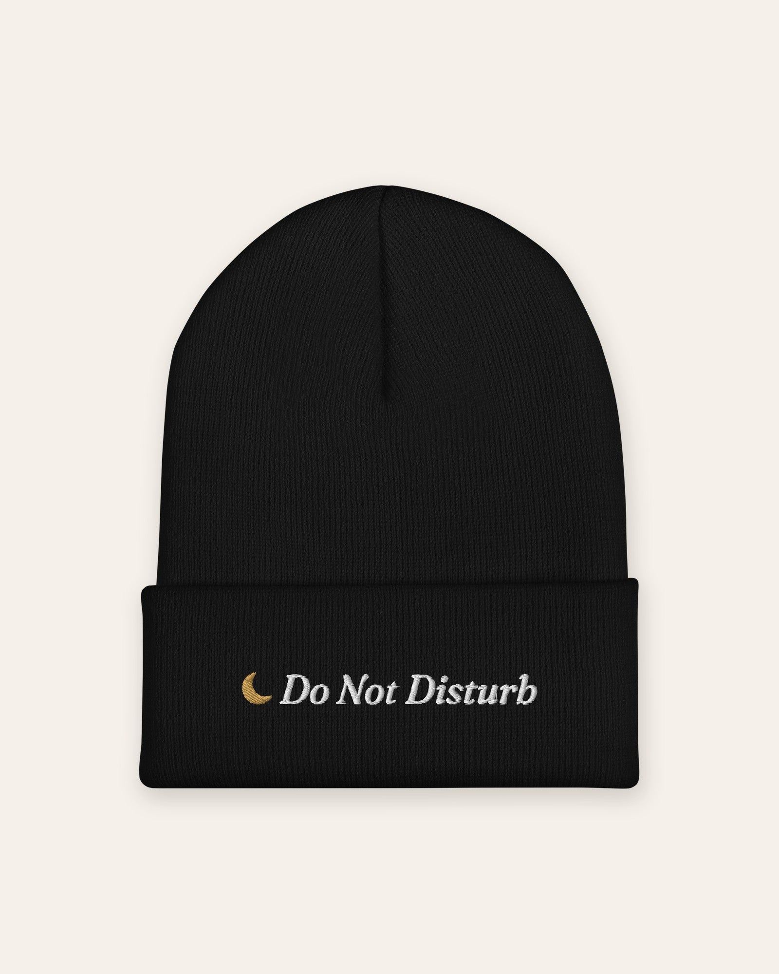 The Do Not Disturb Beanie in Black, close-up detail