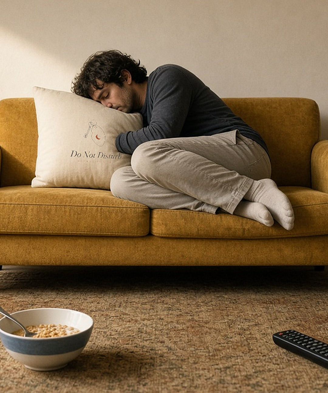 The Do Not Disturb Pillow, hugged by a man curled up asleep on a mustard loveseat