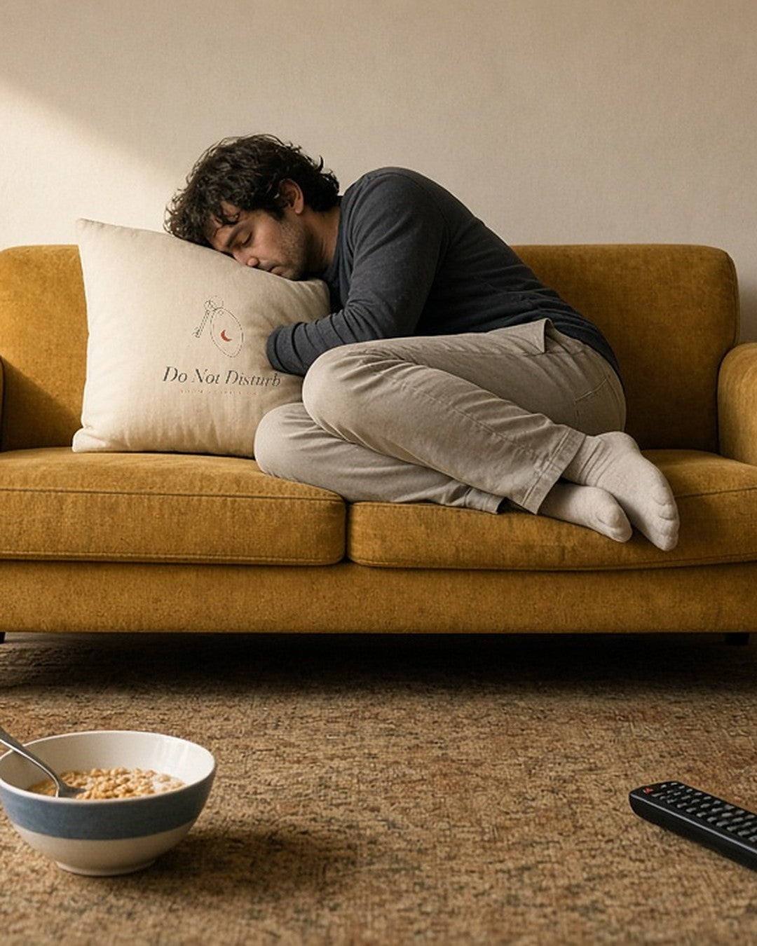 The Do Not Disturb Pillow, hugged by a man curled up asleep on a mustard loveseat